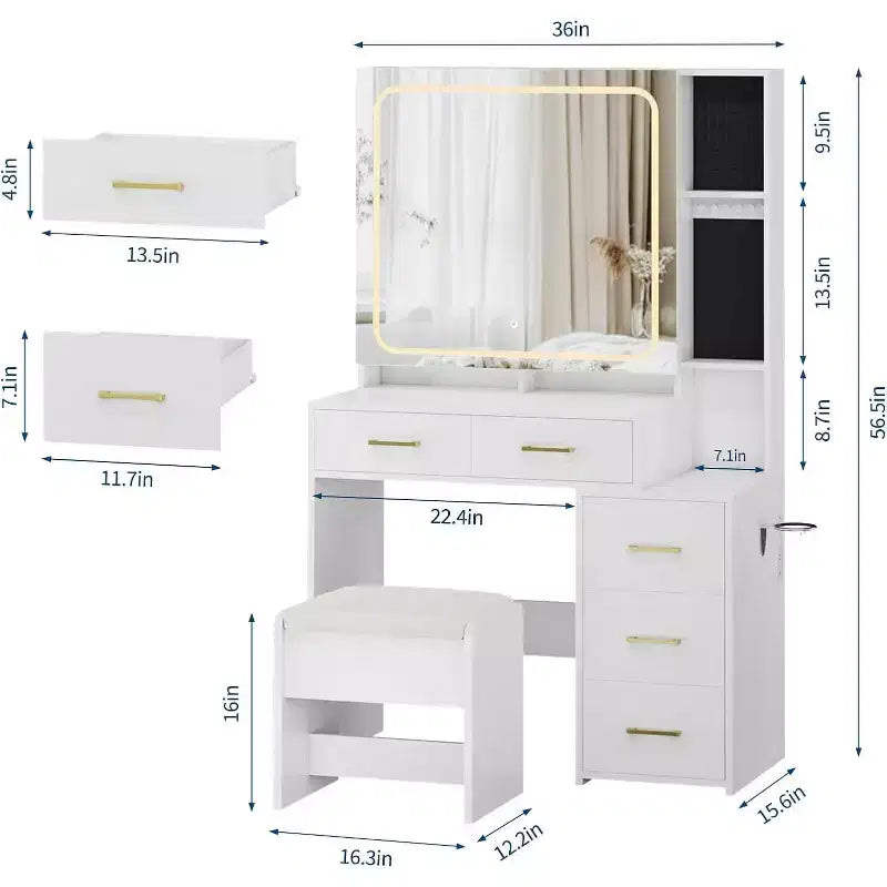Make-upkaptafelset met spiegel en verlichting, kaptafel met 5 laden, kruk en stopcontact, 3 lichtstanden met instelbare helderheid