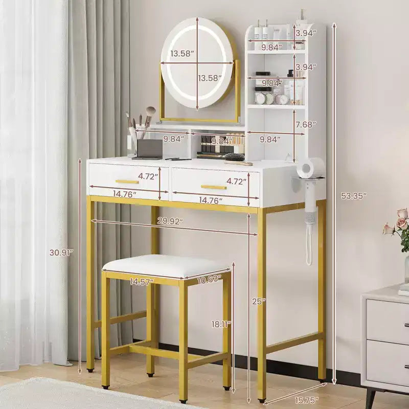 Scrivania moderna da trucco con specchio rotante regolabile, luci e presa di corrente, 2 cassetti, ripiani contenitori e sgabello, tavolo da toeletta per camera da letto