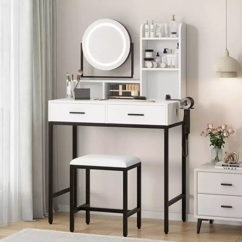 Scrivania moderna da trucco con specchio rotante regolabile, luci e presa di corrente, 2 cassetti, ripiani contenitori e sgabello, tavolo da toeletta per camera da letto