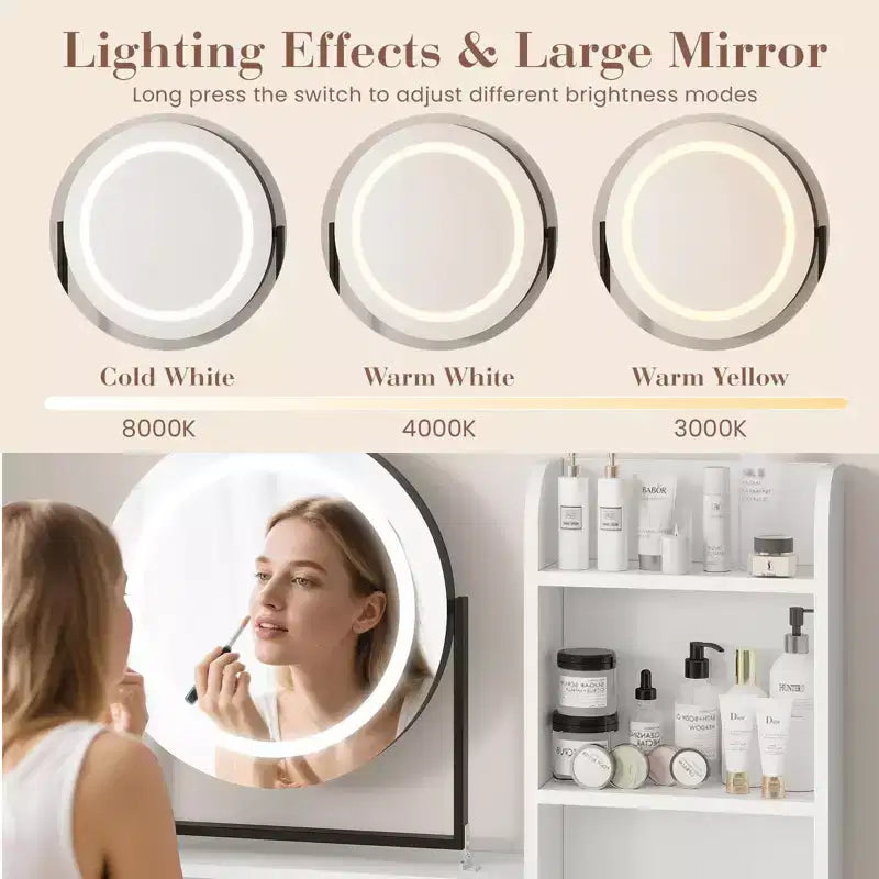 Scrivania moderna da trucco con specchio rotante regolabile, luci e presa di corrente, 2 cassetti, ripiani contenitori e sgabello, tavolo da toeletta per camera da letto