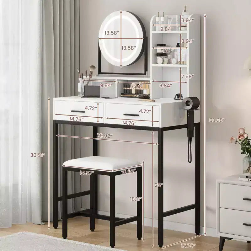 Scrivania moderna da trucco con specchio rotante regolabile, luci e presa di corrente, 2 cassetti, ripiani contenitori e sgabello, tavolo da toeletta per camera da letto