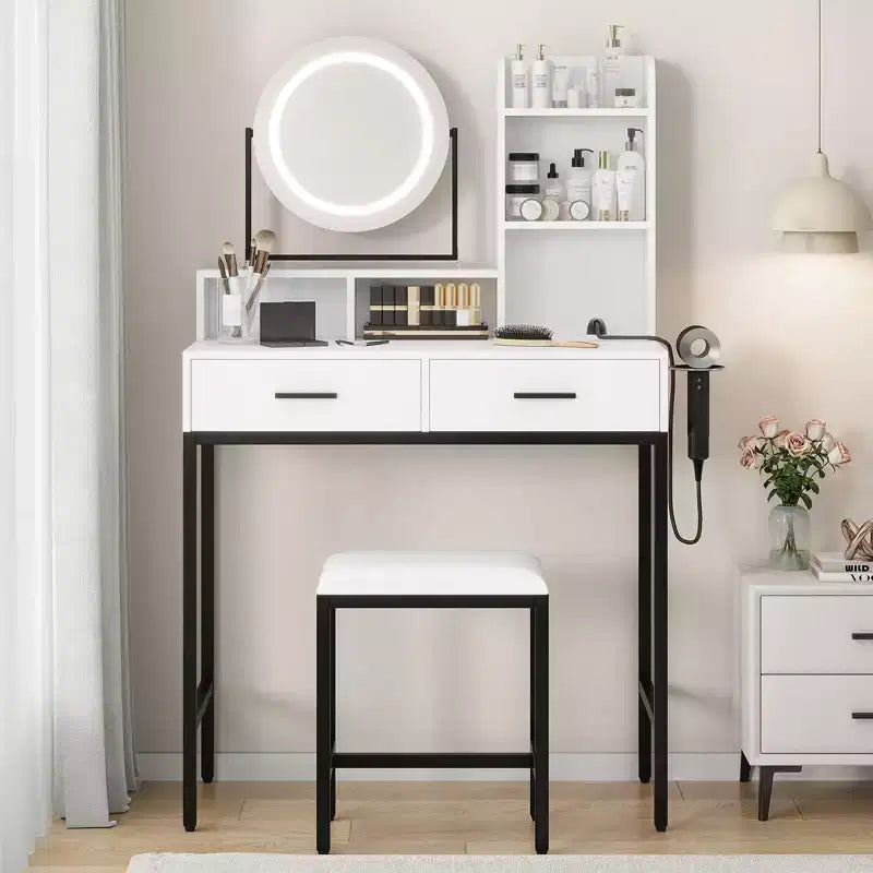 Modern Makeup Vanity Desk with Adjustable Rotating Mirror -Lights, Power Outlet - 2 Drawers, Storage Shelves & Stool - Bedroom Dressing Table