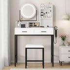 Modern Makeup Vanity Desk with Adjustable Rotating Mirror -Lights, Power Outlet - 2 Drawers, Storage Shelves & Stool - Bedroom Dressing Table
