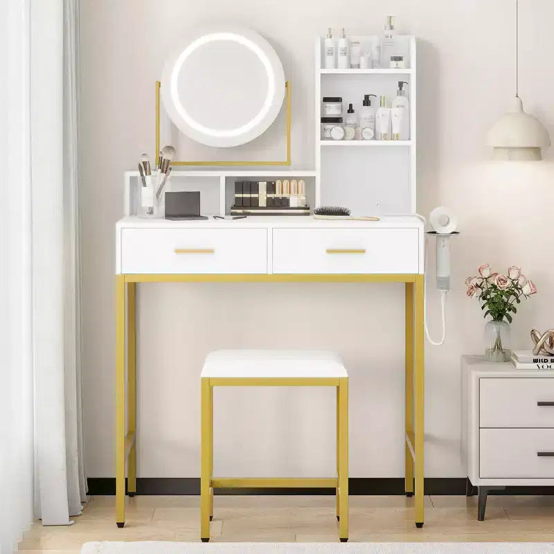 Escritorio de tocador de maquillaje moderno con espejo giratorio ajustable, luces y toma de corriente, 2 cajones, estantes de almacenamiento y taburete, mesa de tocador para dormitorio