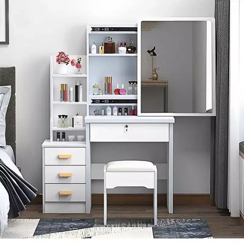 Furniliving Vanity Desk with Mirror & Makeup Stool, Table Set with 3 Color Lighting Brightness Adjustable, 4 Drawers
