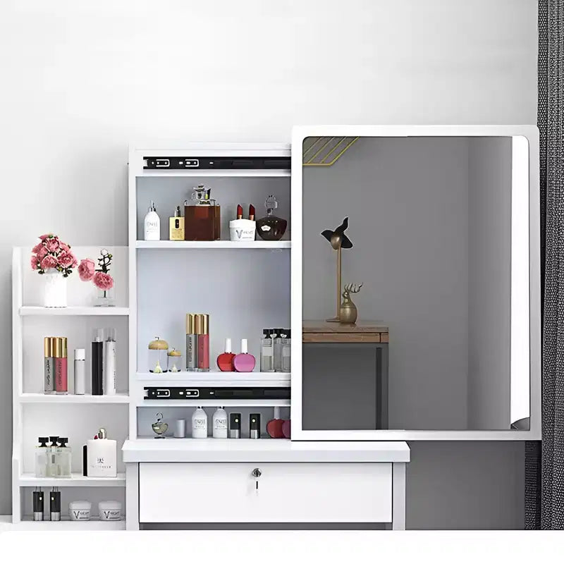 Furniliving-Schminktisch mit Spiegel und Schminkhocker, Tisch-Set mit 3 Farben, einstellbarer Helligkeit und 4 Schubladen