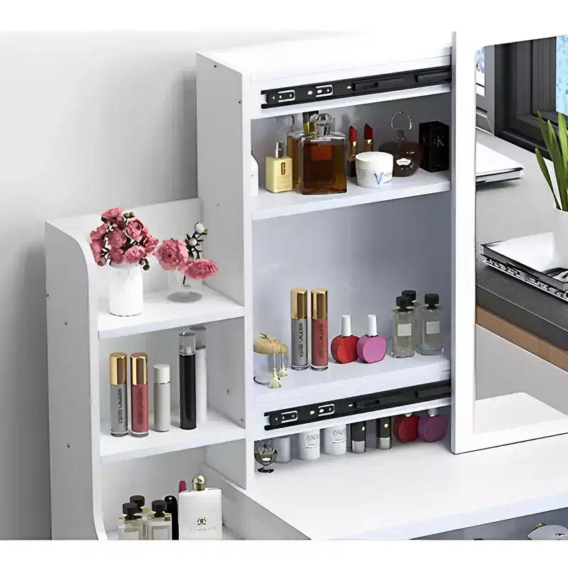 Furniliving-Schminktisch mit Spiegel und Schminkhocker, Tisch-Set mit 3 Farben, einstellbarer Helligkeit und 4 Schubladen