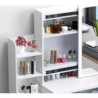 Furniliving-Schminktisch mit Spiegel und Schminkhocker, Tisch-Set mit 3 Farben, einstellbarer Helligkeit und 4 Schubladen