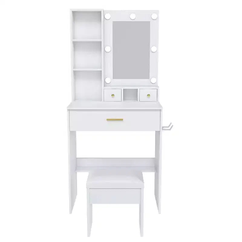Furniliving-Schminktisch mit Spiegel und Schminkhocker, Tisch-Set mit 3 Farben, einstellbarer Helligkeit und 4 Schubladen