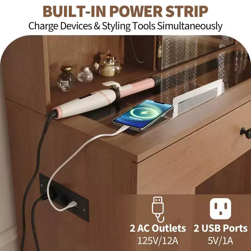 Acekool 41 valkoinen meikkipöytä peilillä ja säädettävillä LED-valoilla, pistorasia, 2 laatikkoa ja 4 lasikaappia, meikkipöytäsetti makuuhuoneeseen