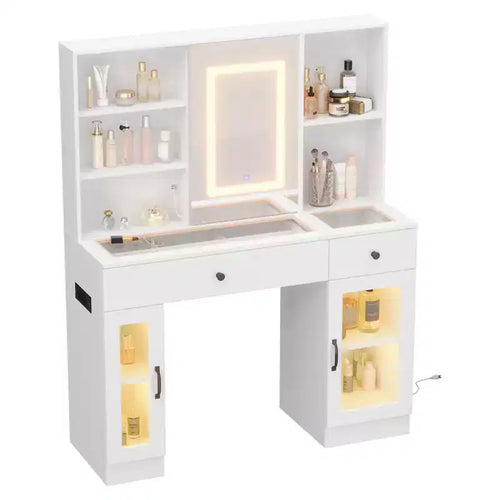 Acekool 41 White Makeup Vanity Desk with Mirror & Adjustable LED Lights, Power Outlet, 2 Drawers, 4 Glass Cabinets, Vanity Table Set for Bedroom