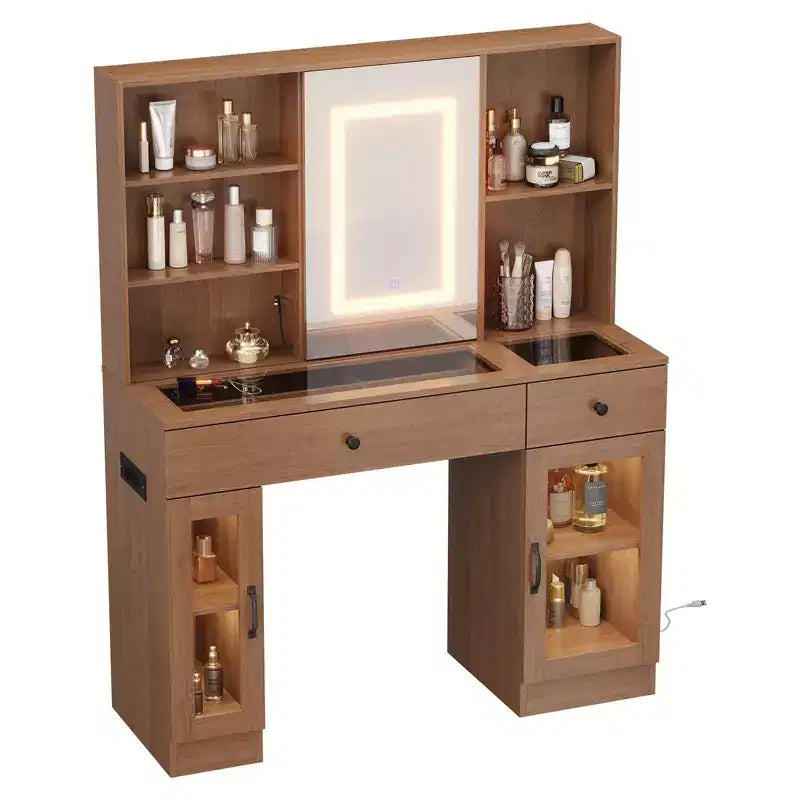 Acekool 41 White Makeup Vanity Desk with Mirror & Adjustable LED Lights, Power Outlet, 2 Drawers, 4 Glass Cabinets, Vanity Table Set for Bedroom