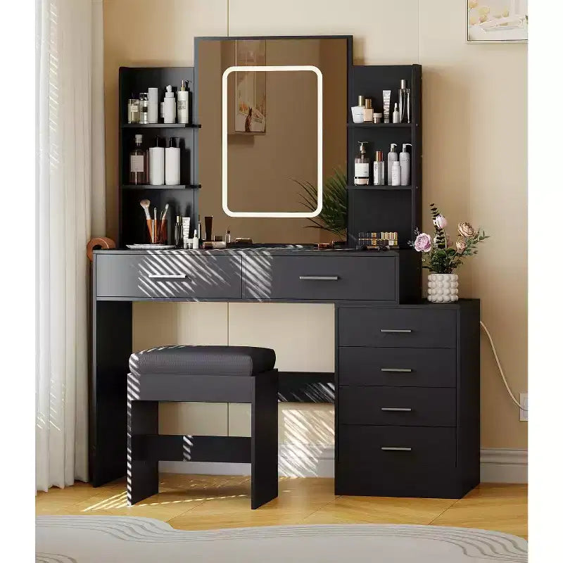Makeup Table with Mirror & Lights, Makeup Vanity Desk, 3 Color Modes, with Power Outlet, Modern Vanity Table