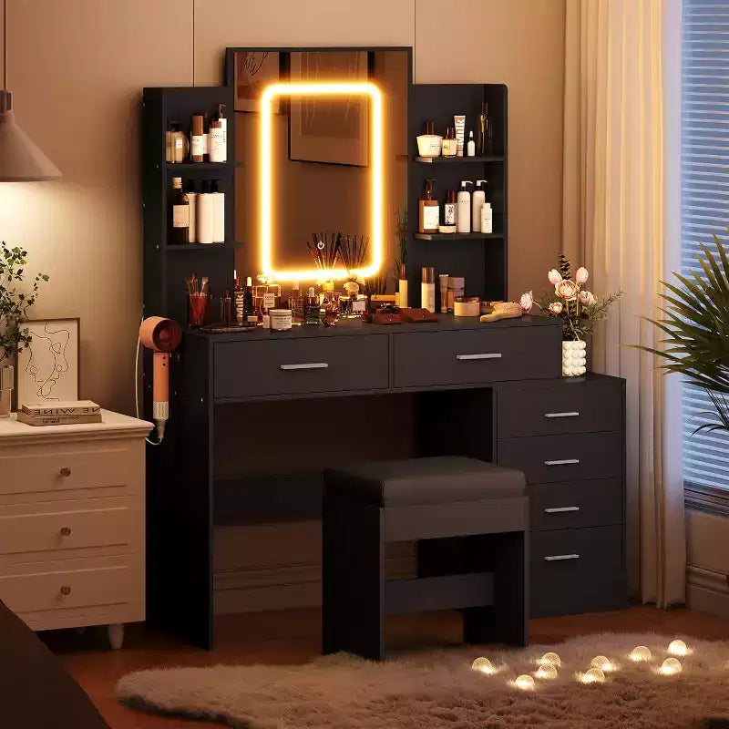 Mesa de maquillaje con espejo y luces, escritorio de tocador, 3 modos de color, con toma de corriente, mesa de tocador moderna