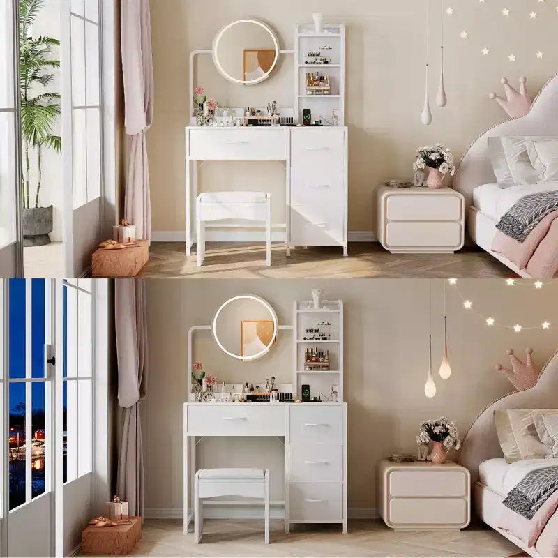 Acekool kleiner Schminktisch mit beleuchtetem Rundspiegel, Steckdose, 4 Stoffschubladen und 3 Ablagen, moderner Kosmetiktisch für Schlafzimmer, Wohnheim oder Wohnung