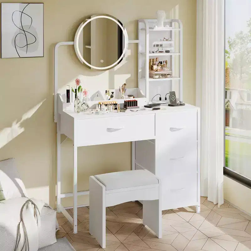 Acekool kleiner Schminktisch mit beleuchtetem Rundspiegel, Steckdose, 4 Stoffschubladen und 3 Ablagen, moderner Kosmetiktisch für Schlafzimmer, Wohnheim oder Wohnung