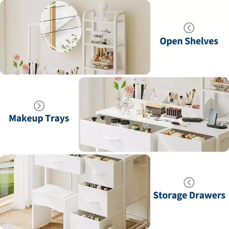 Acekool kleiner Schminktisch mit beleuchtetem Rundspiegel, Steckdose, 4 Stoffschubladen und 3 Ablagen, moderner Kosmetiktisch für Schlafzimmer, Wohnheim oder Wohnung