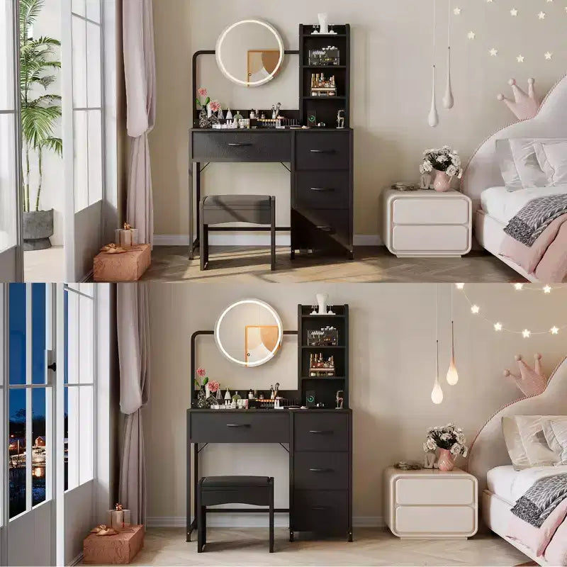 Acekool kleiner Schminktisch mit beleuchtetem Rundspiegel, Steckdose, 4 Stoffschubladen und 3 Ablagen, moderner Kosmetiktisch für Schlafzimmer, Wohnheim oder Wohnung