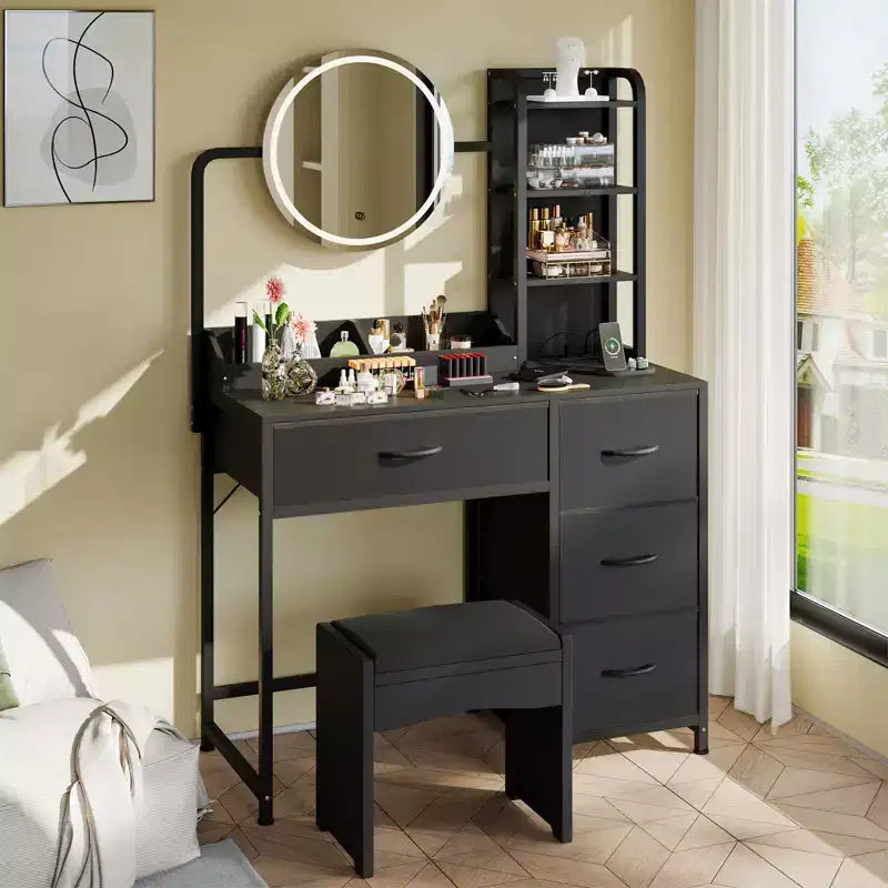 Acekool kleiner Schminktisch mit beleuchtetem Rundspiegel, Steckdose, 4 Stoffschubladen und 3 Ablagen, moderner Kosmetiktisch für Schlafzimmer, Wohnheim oder Wohnung
