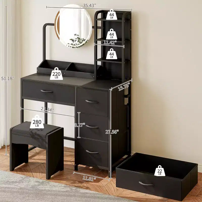Acekool kleiner Schminktisch mit beleuchtetem Rundspiegel, Steckdose, 4 Stoffschubladen und 3 Ablagen, moderner Kosmetiktisch für Schlafzimmer, Wohnheim oder Wohnung