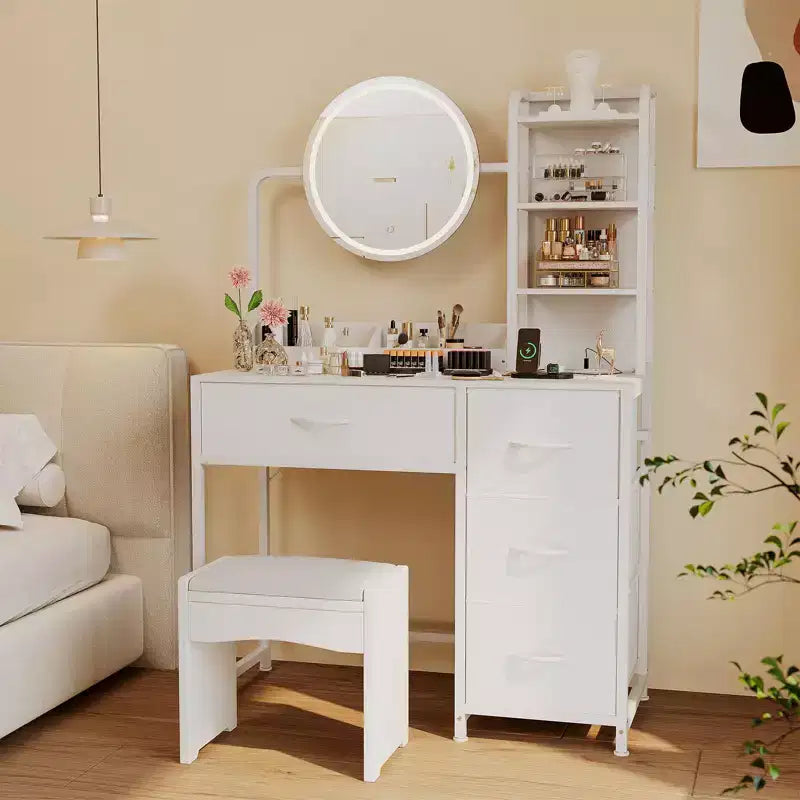 Acekool kleiner Schminktisch mit beleuchtetem Rundspiegel, Steckdose, 4 Stoffschubladen und 3 Ablagen, moderner Kosmetiktisch für Schlafzimmer, Wohnheim oder Wohnung
