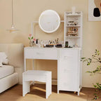 Acekool kleiner Schminktisch mit beleuchtetem Rundspiegel, Steckdose, 4 Stoffschubladen und 3 Ablagen, moderner Kosmetiktisch für Schlafzimmer, Wohnheim oder Wohnung