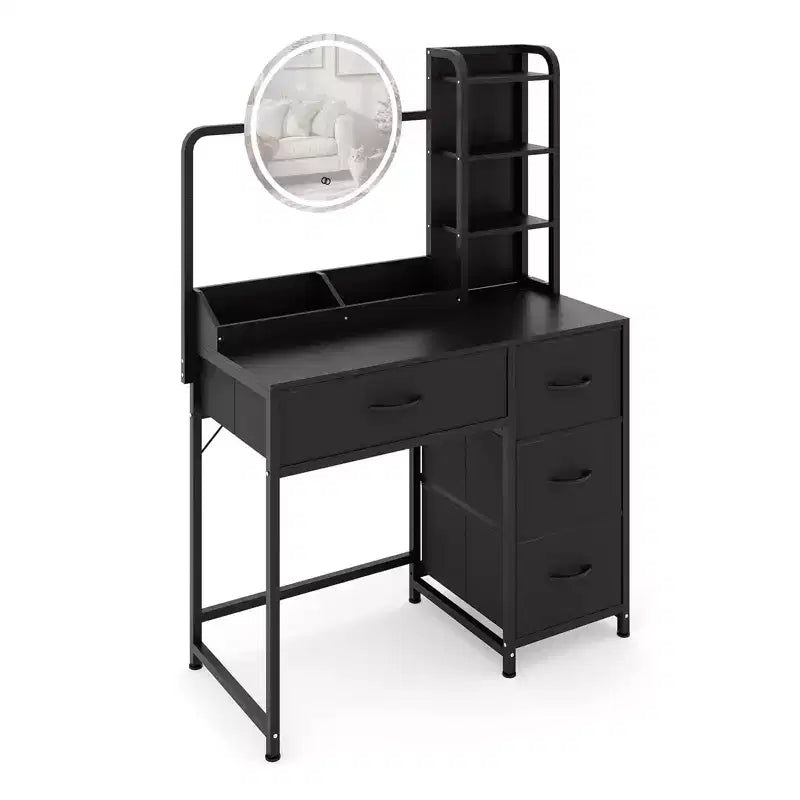 Acekool Small Vanity Desk with Lighted Round Mirror, Power Outlet, 4 Fabric Drawers, 3 Shelves, Modern Makeup Table for Bedroom, Dorm, Apartment