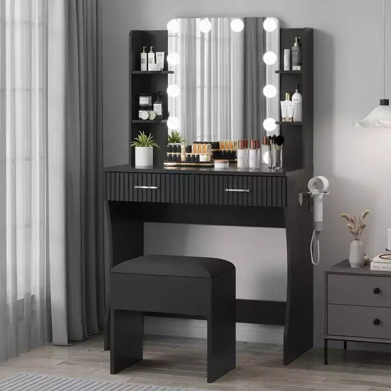 Makeup Vanity Desk with Mirror and Lights, Vanity Table with 2 Drawers, 6 Shelves, Hair Dryer Holder & Stool,Dressing Table Furniture for Bedroom