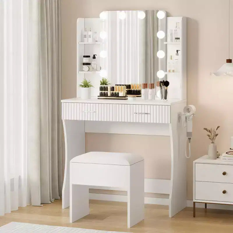 Tocador de maquillaje con espejo y luces, mesa de tocador con 2 cajones, 6 estantes, soporte para secador de pelo y taburete, mueble tocador para dormitorio