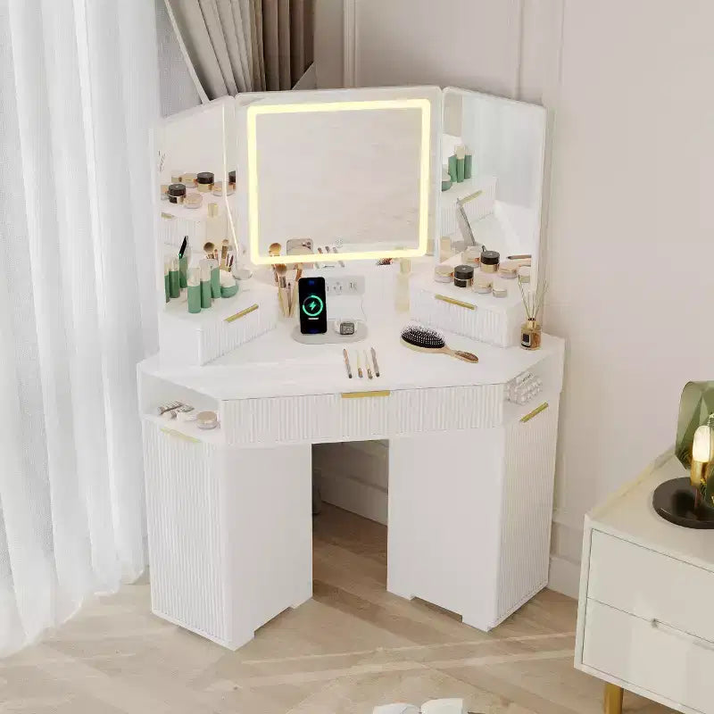 Tocador esquinero COZONY de 53 con espejo e iluminación, mesa de maquillaje estriada con cajones, armarios de almacenamiento y estación de carga para dormitorio