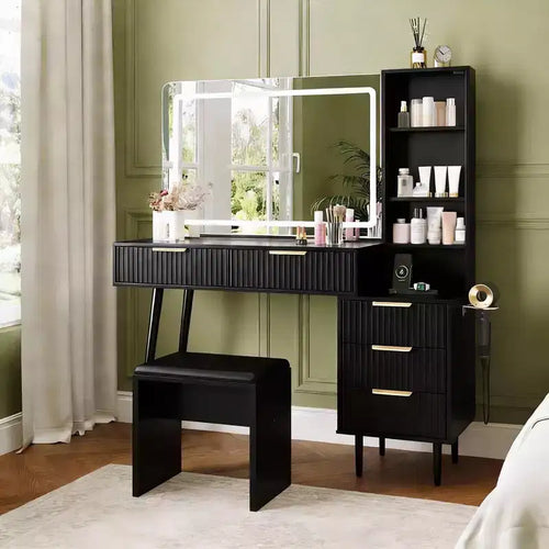 48 Oak Makeup Vanity Desk with 36 Mirror, 5 Drawers, 3 Shelves, 3-Color Adjustable Lighting, Bedroom Dressing Table Set