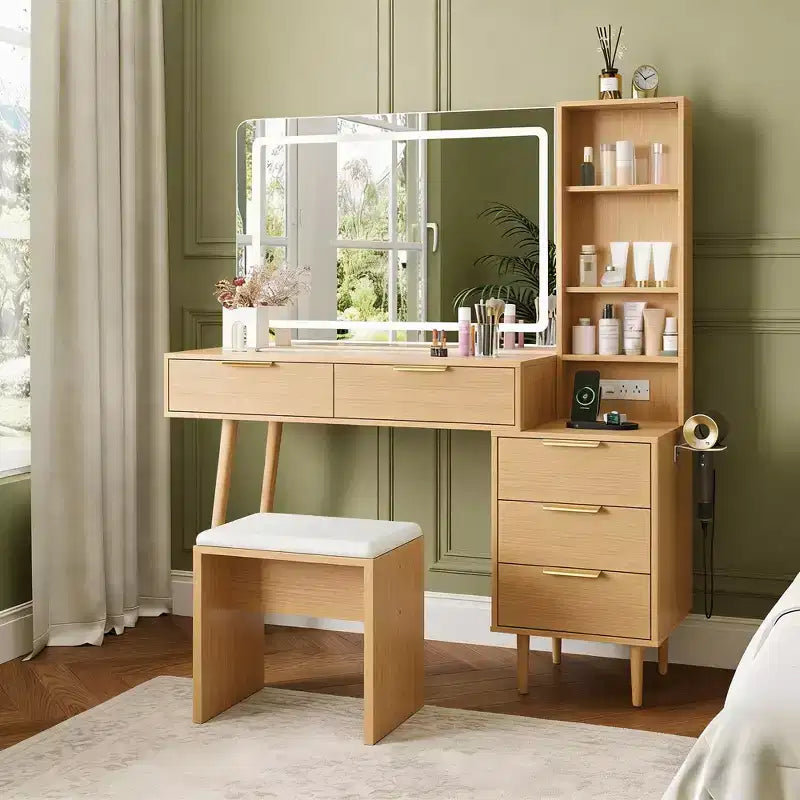 48 Oak Makeup Vanity Desk with 36 Mirror, 5 Drawers, 3 Shelves, 3-Color Adjustable Lighting, Bedroom Dressing Table Set