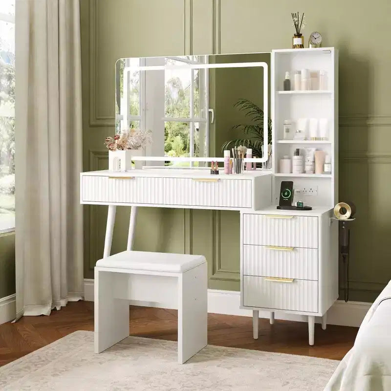 48 Oak Makeup Vanity Desk with 36 Mirror, 5 Drawers, 3 Shelves, 3-Color Adjustable Lighting, Bedroom Dressing Table Set
