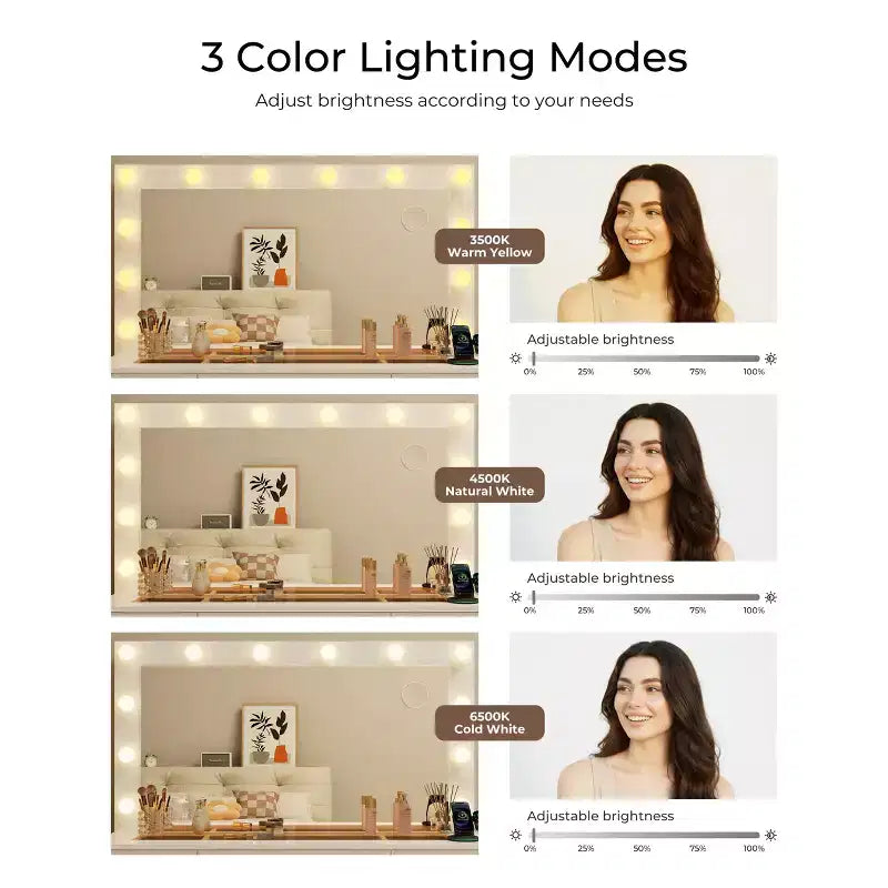 Schminktisch mit Glasplatte, 11 Schubladen, Spiegel und 12 LED-Leuchten, Schminktisch mit 3 Beleuchtungsmodi und einstellbarer Helligkeit