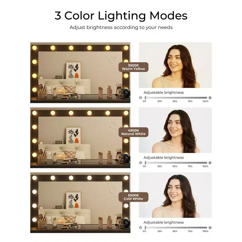 Schminktisch mit Glasplatte, 11 Schubladen, Spiegel und 12 LED-Leuchten, Schminktisch mit 3 Beleuchtungsmodi und einstellbarer Helligkeit