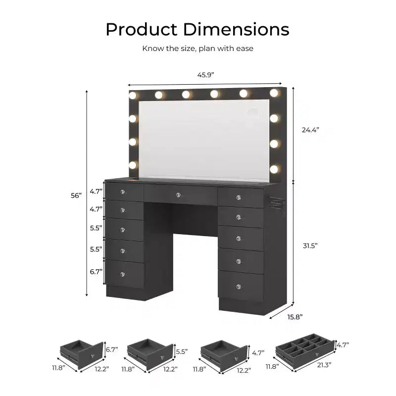 Schminktisch mit Glasplatte, 11 Schubladen, Spiegel und 12 LED-Leuchten, Schminktisch mit 3 Beleuchtungsmodi und einstellbarer Helligkeit