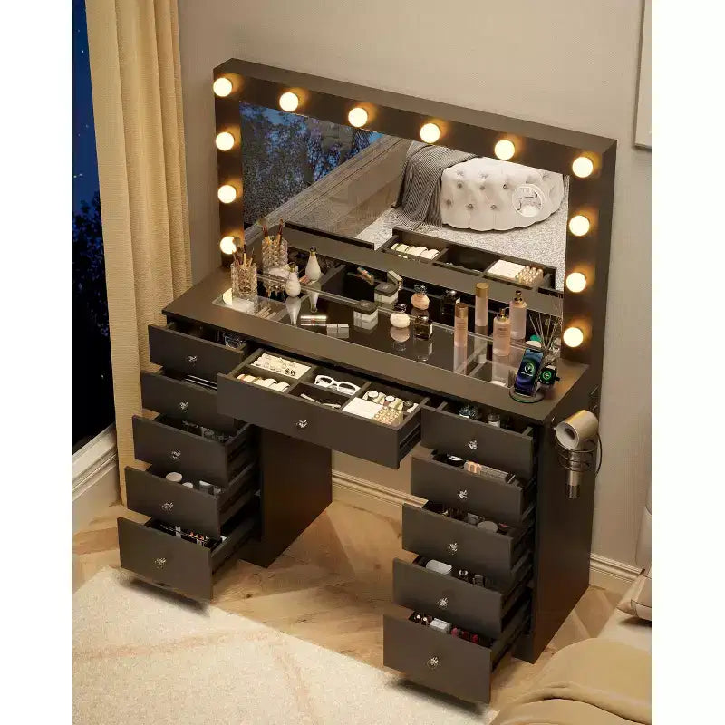 Schminktisch mit Glasplatte, 11 Schubladen, Spiegel und 12 LED-Leuchten, Schminktisch mit 3 Beleuchtungsmodi und einstellbarer Helligkeit