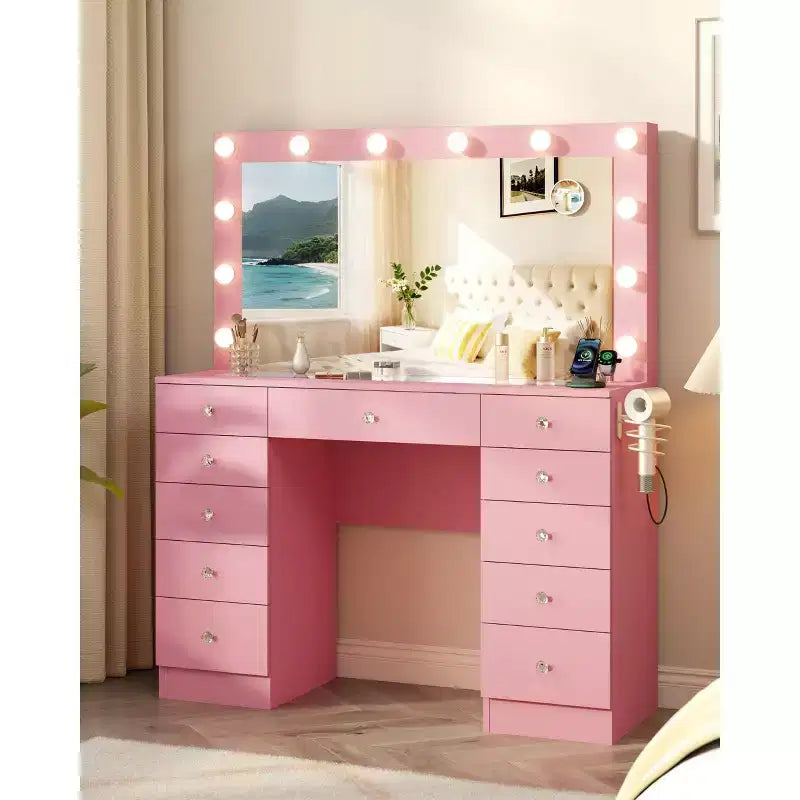 Tocador de maquillaje con superficie de vidrio, 11 cajones, espejo y 12 luces LED, escritorio tocador con 3 modos de iluminación y brillo ajustable