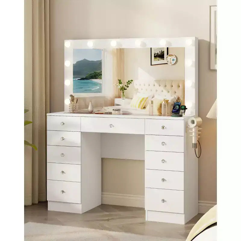 Tocador de maquillaje con superficie de vidrio, 11 cajones, espejo y 12 luces LED, escritorio tocador con 3 modos de iluminación y brillo ajustable