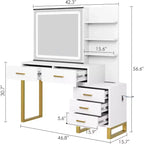 Make-uptafel met verschuifbare spiegel en verlichting, grote kaptafel met laadstation, 3 verlichtingsstanden, 5 laden en 3 niveaus open planken