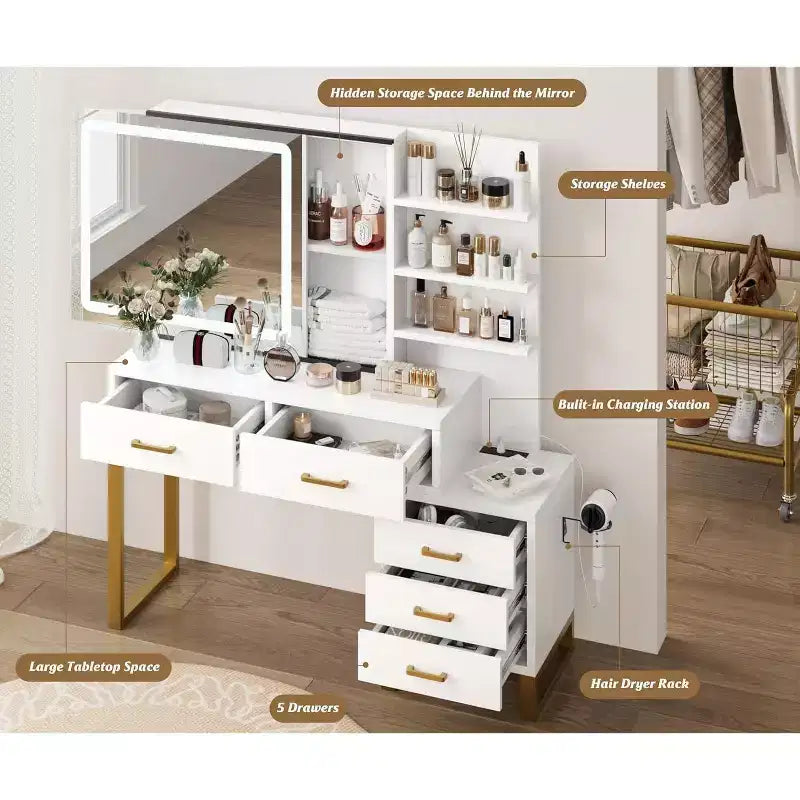 Make-uptafel met verschuifbare spiegel en verlichting, grote kaptafel met laadstation, 3 verlichtingsstanden, 5 laden en 3 niveaus open planken