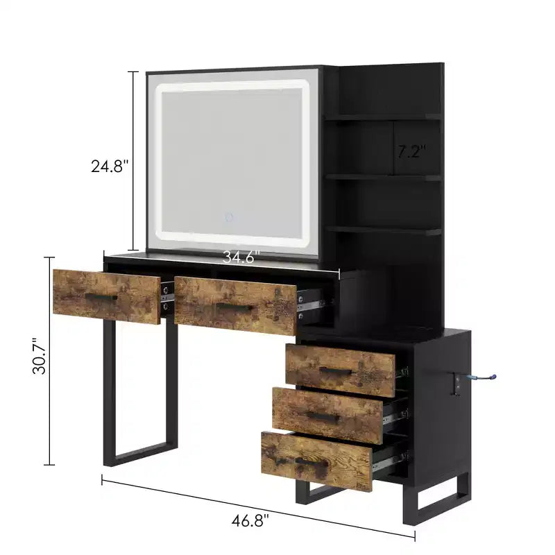 Make-uptafel met verschuifbare spiegel en verlichting, grote kaptafel met laadstation, 3 verlichtingsstanden, 5 laden en 3 niveaus open planken