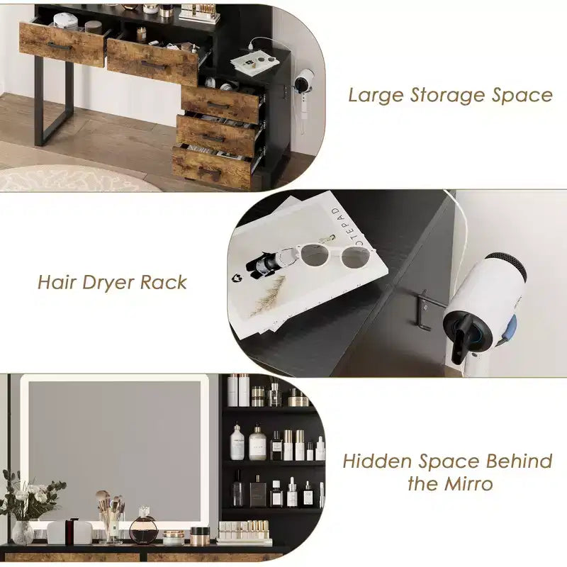 Make-uptafel met verschuifbare spiegel en verlichting, grote kaptafel met laadstation, 3 verlichtingsstanden, 5 laden en 3 niveaus open planken