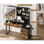Make-uptafel met verschuifbare spiegel en verlichting, grote kaptafel met laadstation, 3 verlichtingsstanden, 5 laden en 3 niveaus open planken