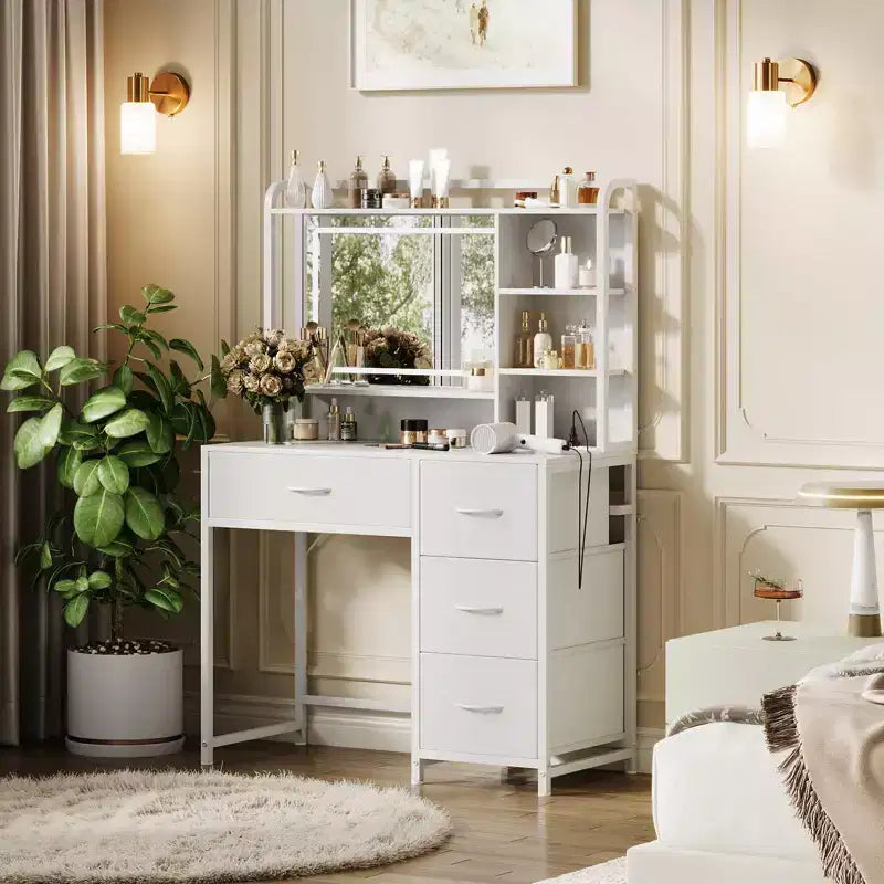 35.4 Vanity Desk with Mirror & Lights,Makeup Table with 4 Fabric Drawers & Storage Shelves,Adjustable Dressing Table for Bedroom