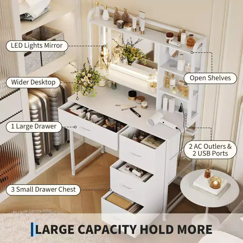 35.4 Vanity Desk with Mirror & Lights,Makeup Table with 4 Fabric Drawers & Storage Shelves,Adjustable Dressing Table for Bedroom