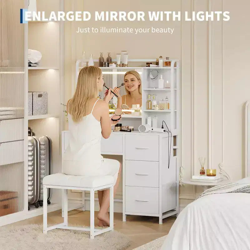 35.4 Vanity Desk with Mirror & Lights,Makeup Table with 4 Fabric Drawers & Storage Shelves,Adjustable Dressing Table for Bedroom