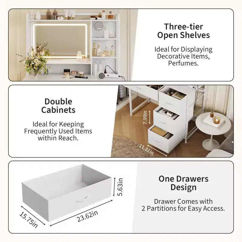 35.4 Vanity Desk with Mirror & Lights,Makeup Table with 4 Fabric Drawers & Storage Shelves,Adjustable Dressing Table for Bedroom