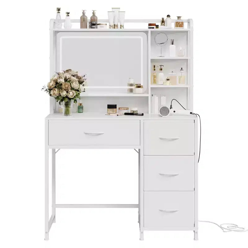 35.4 Vanity Desk with Mirror & Lights,Makeup Table with 4 Fabric Drawers & Storage Shelves,Adjustable Dressing Table for Bedroom