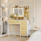 35.4 Vanity Desk with Mirror & Lights,Makeup Table with 4 Fabric Drawers & Storage Shelves,Adjustable Dressing Table for Bedroom